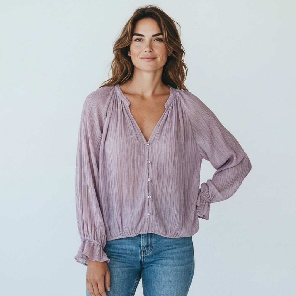 Ramy Brook New York Crinkle Pleated Blouse Lavender Size Small Flowy
